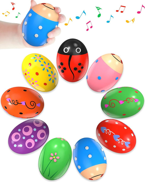 9 Pack Wooden Percussion Musical Shake Prefilled Easter Eggs with Toys Inside Filled for 3 4 5 Years Old, Toddlers Easter Basket Stuffers Egg Fill...