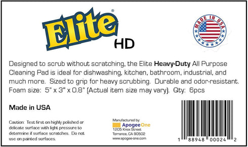 Elite HD (Heavy Duty) All Purpose Cleaning Pad, 6 Pack, Non Scratch, Dish Sponge, Scrubber, Made in USA. Large Thick Sponge for Household and Indu...