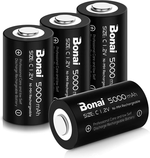 BONAI Rechargeable C Batteries, C Cells 5000mAh 1.2V Ni-MH High Capacity C Size Battery (4 Pack)...