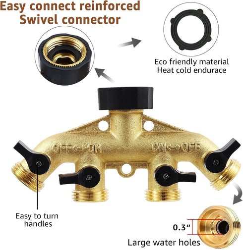 4 Way Brass Garden Hose Splitter Heavy Duty Garden Tap Hose Adapter Nozzle Switcher Connector with 4 Shut-Off Valves for Garden Irrigation Waterin...