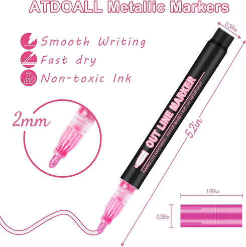 Double Line Outline Markers, 24 Colors Self-Outline Metallic Markers Super Squiggles Shimmer Outline Marker Set for Drawing, Birthday Greeting Car...