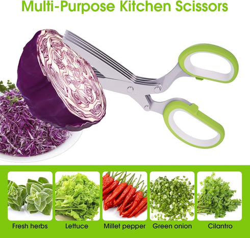 Herb Scissors With 5 Blades and Cover - Multipurpose Kitchen Shears for Cutting and Stripping - Dishwasher Safe, Green...