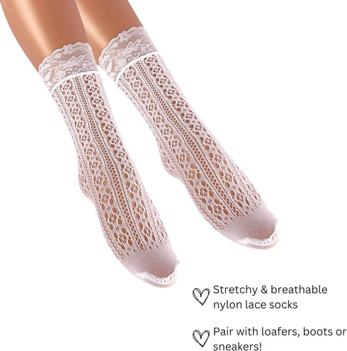 Lace Socks for Women | White Crew Mid-Calf Socks with Lace Trim...