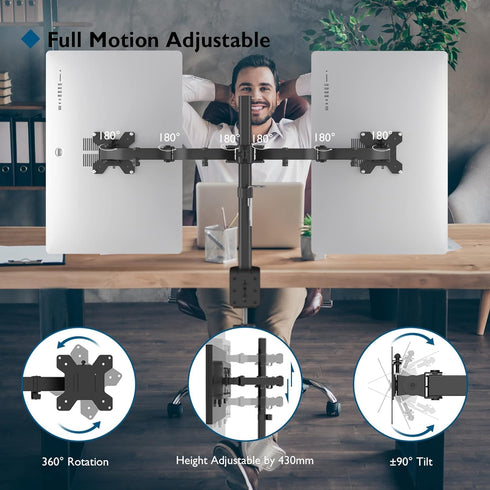 BONTEC Dual Monitor Desk Mount, Monitor Stand for 13–27 Inch LCD LED 2 Monitors, Ergonomic Full Motion Heavy Duty Double Arms Hold up to 22 lbs, V...