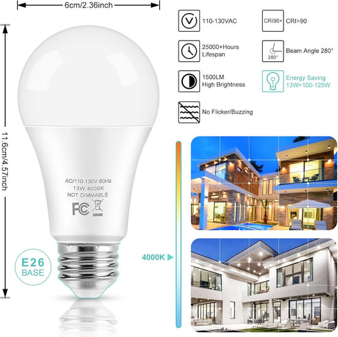 LED Light Bulbs, 100 Watt Equivalent A19 LED Bulbs, 13W 4000K Neutral White 1500 Lumens Non-Dimmable Bright E26 Edison Medium Screw Bulbs for Home...