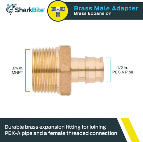SharkBite 1/2 x 3/4 Inch Expansion MNPT Adapter for PEX-A Pipe, Brass Plumbing Fittings, Male NPT Adapter for PEX-A Tubing, UAB116LFA...