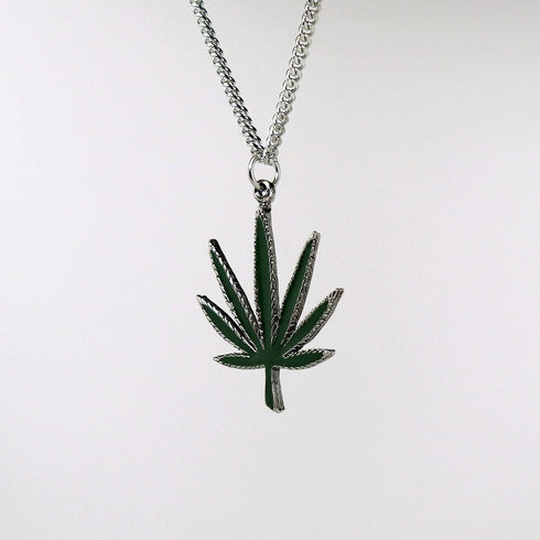 Marijuana Weed Pot Leaf Green Enamel on Silver Finish Pewter Pendant Necklace...