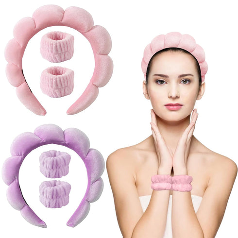 Velvet Spa Headbands:Skincare Headbands With Wristbands | Non-Slip, Super Absorbent & Elastic Makeup Headband For Face Washing (Purple & Pink)...
