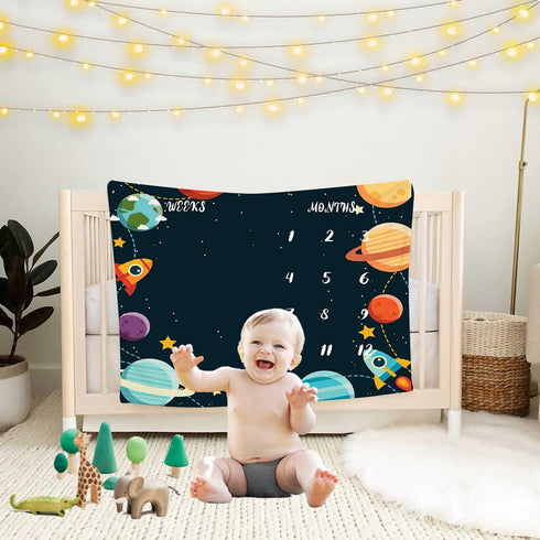 Cosmic Planets Outer Space Theme Baby Monthly Milestones Blanket Boys Kids Photo Background Mom Gifts Newborn Shower Party Decoration Personalized...