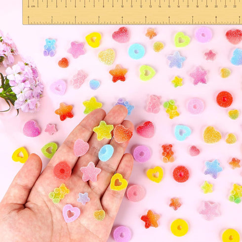 70 Pcs Mixed Candy Charms Soft Jelly Sugar Resin Flatback Beads Pendants Mini Assorted Jelly Buttons Heart Star Candy Bear Doughnut Shaped Charm w...