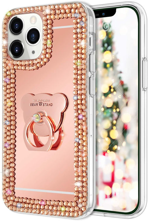 LUVI Mirror Case for iPhone 12/iPhone 12 Pro 6.1 inch Bling Diamond Glitter Case with Bear Ring Holder Kickstand Stand Rhinestone Crystal Cute for...