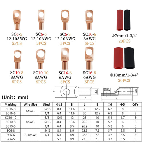 80 Pcs Copper Wire Lugs, Battery Terminal Connectors AWG 8 6 12/10 with Heat Shrink Set, 40 Pcs Heavy Duty Battery Cable Ends Ring Terminals Conne...