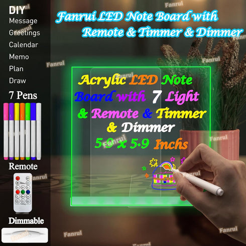 Fanrui Acrylic Dry Erase Board Multifunctional 7 Colors Remote Control Light 5.9x5.9" Clear Desktop Note Memo Board with Timmer & Dimmer, Rewritab...