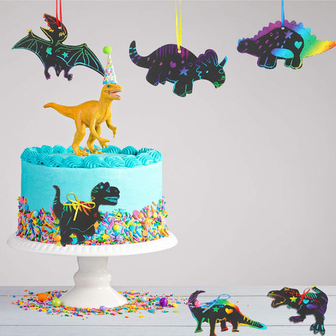 Outus 120pcs Scratch Dinosaur Craft Art Kits for Kids with 48 Scratch Dinosaur Paper24 Wooden Styluses and 48 Ribbons for Theme Birthday Party Gam...