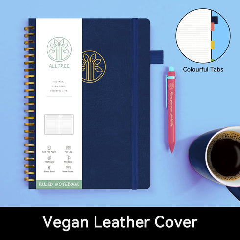 Alltree Lined Journal Notebook, Spiral Notebook for Work, Journal for Women & Men, A5 Medium, Spiral Notebook with Tabs, Pen Loop, Pocket, Sticker...