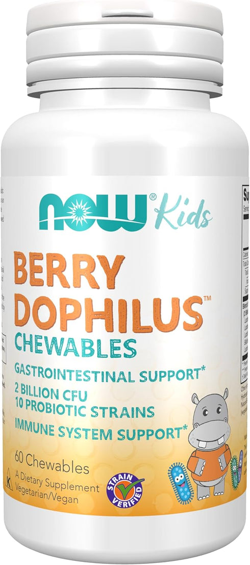 NOW Supplements, BerryDophilus™ with 2 Billion, 10 Probiotic Strains, Xylitol Sweetened, Strain Verified, 60 Chewables, packaging may vary...
