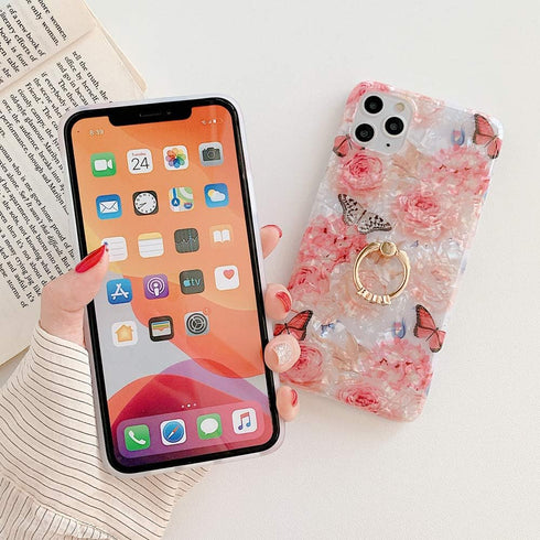 Qokey for iPhone Xs Max Case 6.5 inch,Clear Flower Design Cute Fashion for Women Girls with 360 Degree Rotating Ring Stand Holder Kickstand Soft T...