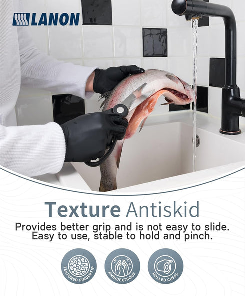 LANON Food Safe Disposable Nitrile Gloves, Latex-Free, Powder-Free, Silicone-Free, Textured Fingertips, Cooking, Black?Small...