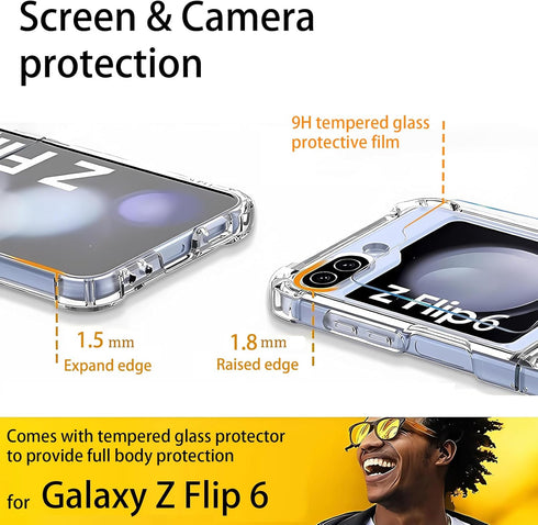 for Samsung Galaxy Z Flip 6 Clear Case with Tempered Glass Screen Protector - Slim Fit, Anti-Yellowing, Shockproof Cover, Hard Transparent Case fo...