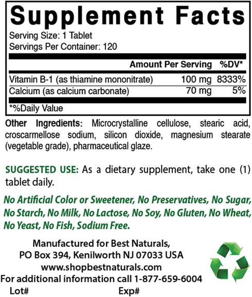 Best Naturals Vitamin B1 as Thiamine Mononitrate 100 mg 120 Tablets (120 Count (Pack of 1))...