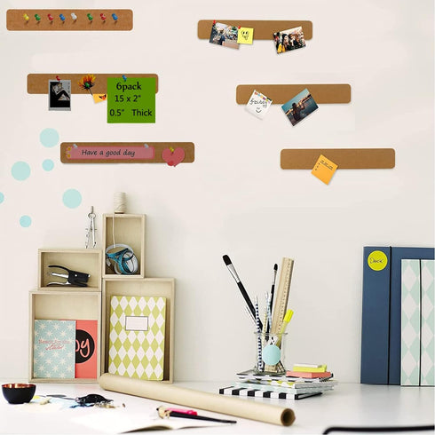 6Pack Cork Board Bar Strips for Wall,15x2inch-1/2inch Thick Self Adhesive Bulletin Bar Strips with 50 Push Pins for Paste Notes,Photos, Schedules,...