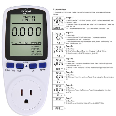 YICHENG Electrical Usage Monitor,Watt Meter,Power Meter,Wattage Meter,Energy Voltage amp Meter Tester with,Overload Protection,7 Modes Display(Whi...