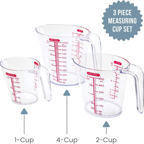 Chef Pomodoro 3-Piece Liquid Meausuring Cups Set - Ml and Oz Measuring Cup - Includes 1, 2 and 4 Cup, BPA-Free Plastic Measuring Cups for Liquids,...