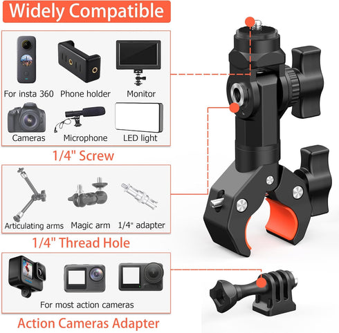 Bike Motorcycle Handlebar Action Camera Mount Holder for Gopro Insta360 AKASO Mevo Start DJI Action cameras, Super Clamp Bracket with Magic Arm 1/...