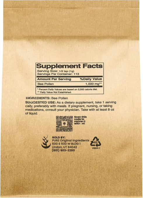 PURE ORIGINAL INGREDIENTS Bee Pollen, 4 oz, No Fillers, Undiluted Pure Supplement...