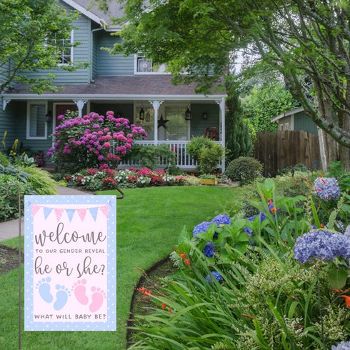 He or She Garden Flag 12x18" Double Sided Pink and Blue Flag Gender Reveal Yard Flag Boy or Girl Baby Footprint Welcome Banner Pregnancy Announcem...