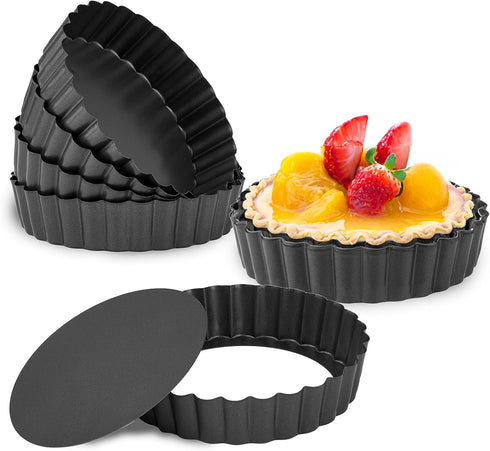 Mini Tart Pans Removable Bottom Pie Pans Mini Quiche Pans for Baking Tartlet Tart Mold 5 Inch Carbon Steel Reusable Baking Tools Black Round Set o...
