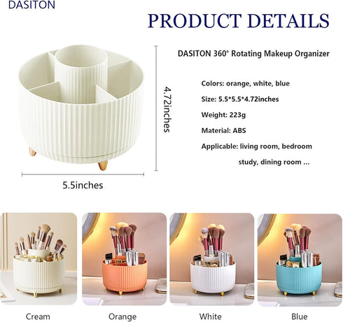 DASITON Large Capacity Makeup Brush Holder,360° Rotating Makeup Organizer,5 Slot Makeup Brushes Cup,for Vanity Decor,Bathroom Countertops,Desk Sto...