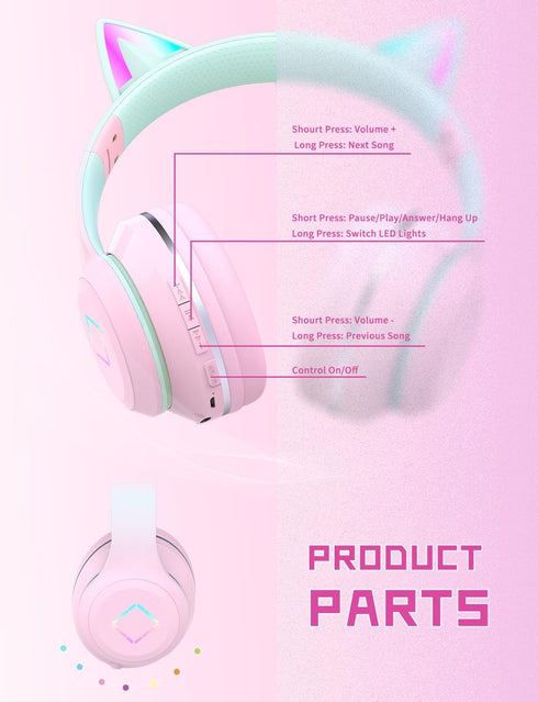 Kids Bluetooth Headphones,Cat Ear LED Light Child Wireless Headphones with Mic,Adjustable Headband,TF Card,Foldable Bluetooth Stereo Over-Ear Kids...