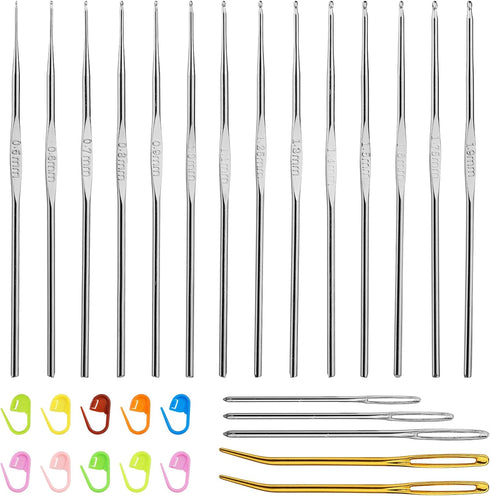 BAGERLA 14 Sizes Crochet Hooks(0.5-1.9mm), Iron Ergonomic Crochet Hooks Set with Big Eye Yarn Needle and Stitch Markers Clip Extra Long Crochet Ne...