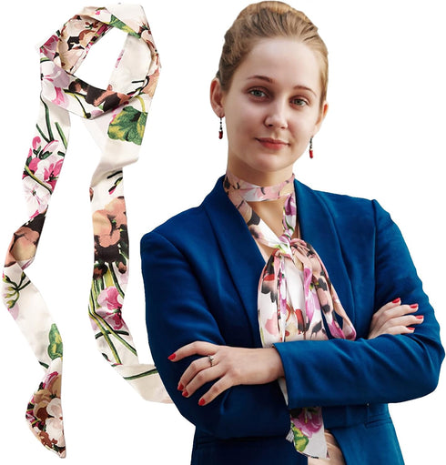Luwint Long Thin Floral Chiffon Scarf, Silk-like Satin Scarf Skinny Necktie Narrow Scarf Handbag Handle Wrap Ribbon Hair Band Sash Waist Belt for ...