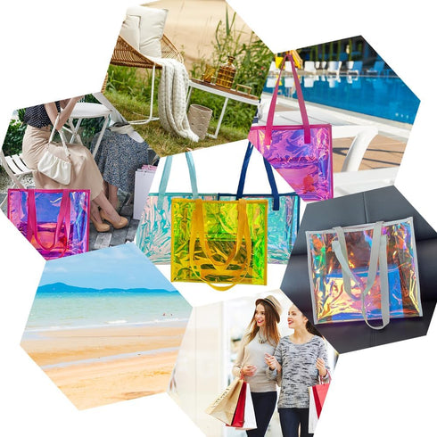 Iridescent Clear Tote Bag, Fashion Holographic Waterproof Beach Bag, Shoulder Handbag for Shopping, Gym, Travel...