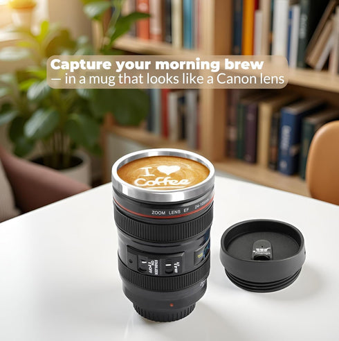 Camera Lens Coffee Mug with Slider Lid – Realistic DSLR Thermos Cup, Novelty Gift for Photographers, Coffee Lovers, Men & Women...
