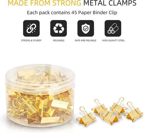 AK 1inch*48 pcs Golden Binder Clips Paper Binder Clips Medium Size Metal Fold Back Clips with Box for Office School and Home Supplies...