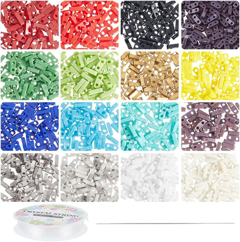 NBEADS about 1280 Pcs 16 Colors Tila Beads, 2-Hole Rectangle Glass Seed Beads with Elastic Thread, Big Eye Beading Needles for Bracelet Necklace E...