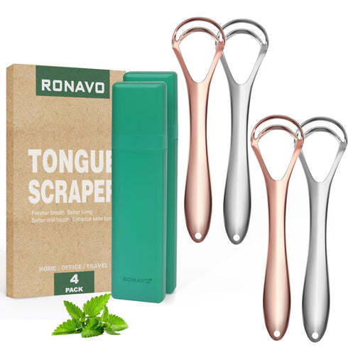 RONAVO Tongue Scraper for Adults (4 PC), NEW 2023 Tounge Scraper Dual Scraping Head with Travel Cases, Stainless Steel Tongue Cleaner Fresh Breath...