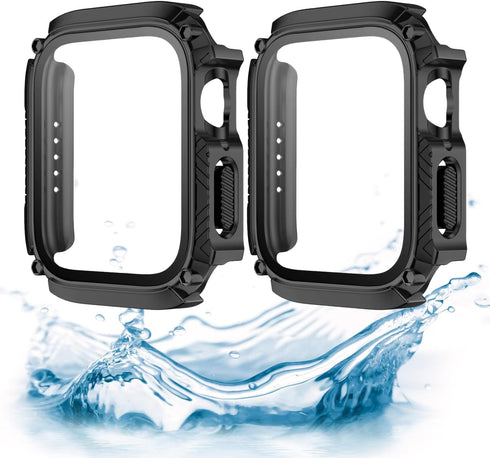 2-Pack for Apple Watch Series 9 8 7 Waterproof Case with Tempered Glass Screen Protector Ultra-Thin for 41mm - Black...