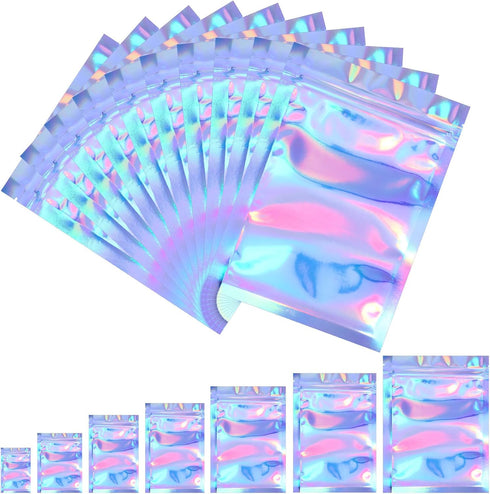 Blulu 100 Pieces Resealable Foil Proof Bags Scent Proof Flat Pouch Clear Smell Sealable Packing Bags Iridescent for Food Storage Snack Jewelry(2 x...