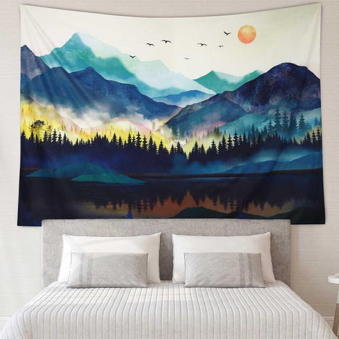 RosieLily Mountain Tapestry, 59"x79" Watercolor Tapestry Nature Tapestry Misty Forest Tapestry Sun Sunset Tree Landscape Tapestry Mountains Teal M...