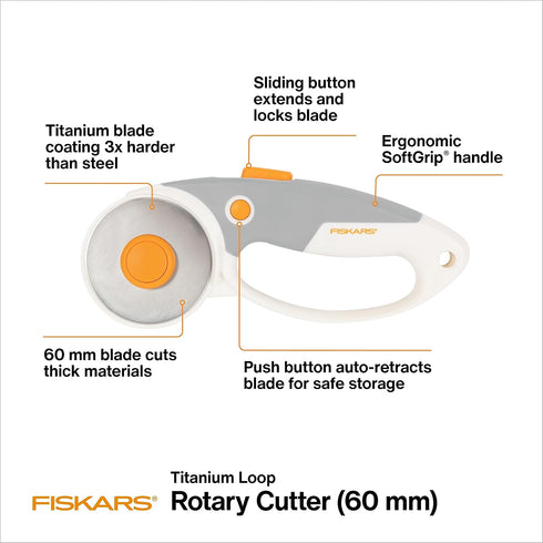 Fiskars 60mm Rotary Cutter for Fabric - Titanium Rotary Cutter Blade - Craft Supplies - Crafts, Sewing, and Quilting Projects - White...