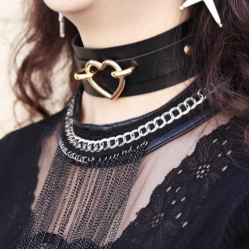 Punk Leather Goth Choker Collar Adjustable Rock PU Leather Choker Necklaces Cosplay Jewelry Vintage Necklaces - Black with Gold Heart...