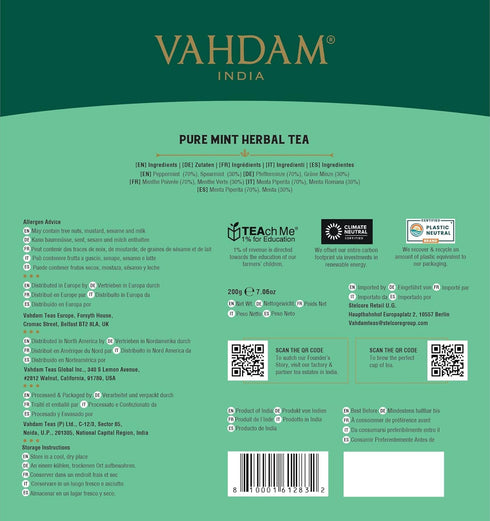 VAHDAM, Pure Mint Herbal Tea (100 Pyramid Tea Bags) Caffeine Free, Non GMO, Gluten Free | Blend of Spearmint & Peppermint - Sweet & Minty | Reseal...