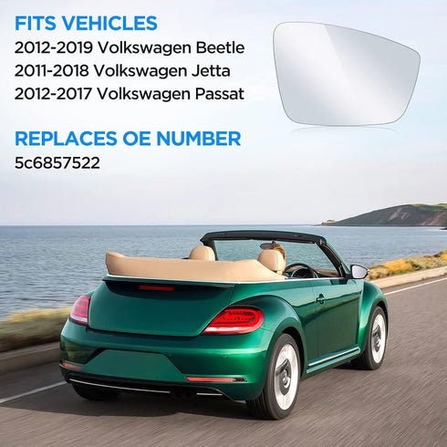 BDFHYK Passenger Right Side Mirror Glass Compatible with Volkswagen, 2012-2019 Beetle 2011-2018 Jetta 2012-2017 Passat with Full Size Adhesive Rep...