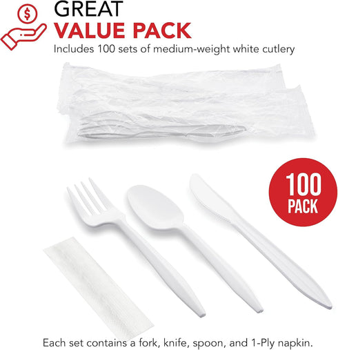 Party Essentials Individually Wrapped Plastic Cutlery Packets/Silverware Kits, White Fork/Spoon/Knife/Napkin, 100 Sets...