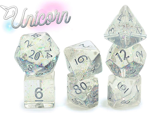 Gate Keeper Games and Dice: Holographic Dice: Unicorn - 7pc Set, Transparent, Holographic Glitter Swirl, 7 Resin Dice for Role Playing Games...