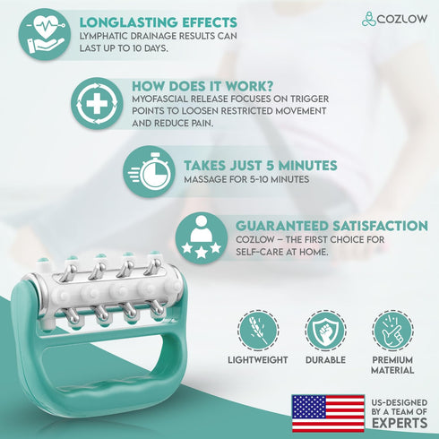 COZLOW MyoRelease Lymphatic Drainage Massager (Green), Ultimate Fascia Release & Scar Tissue Massage Tool, Personal Handheld Massage Roller for Sh...